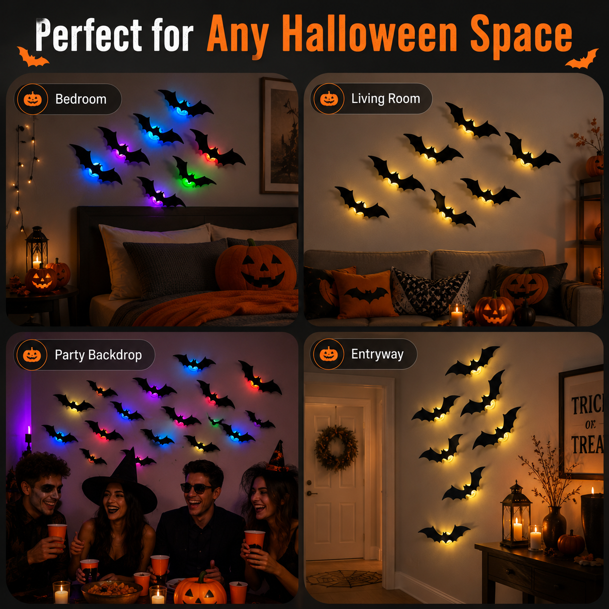 Telaion 3D LED Halloween Bat Wall Decor – Colorful Glowing Flying Bats