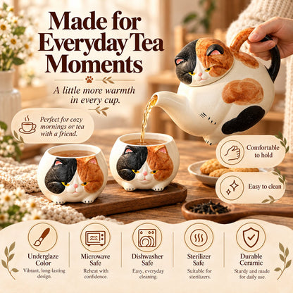 Handcrafted Calico Cat Teapot & Cup Set