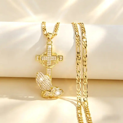 Cross & Prayer Hands Pendant Necklace