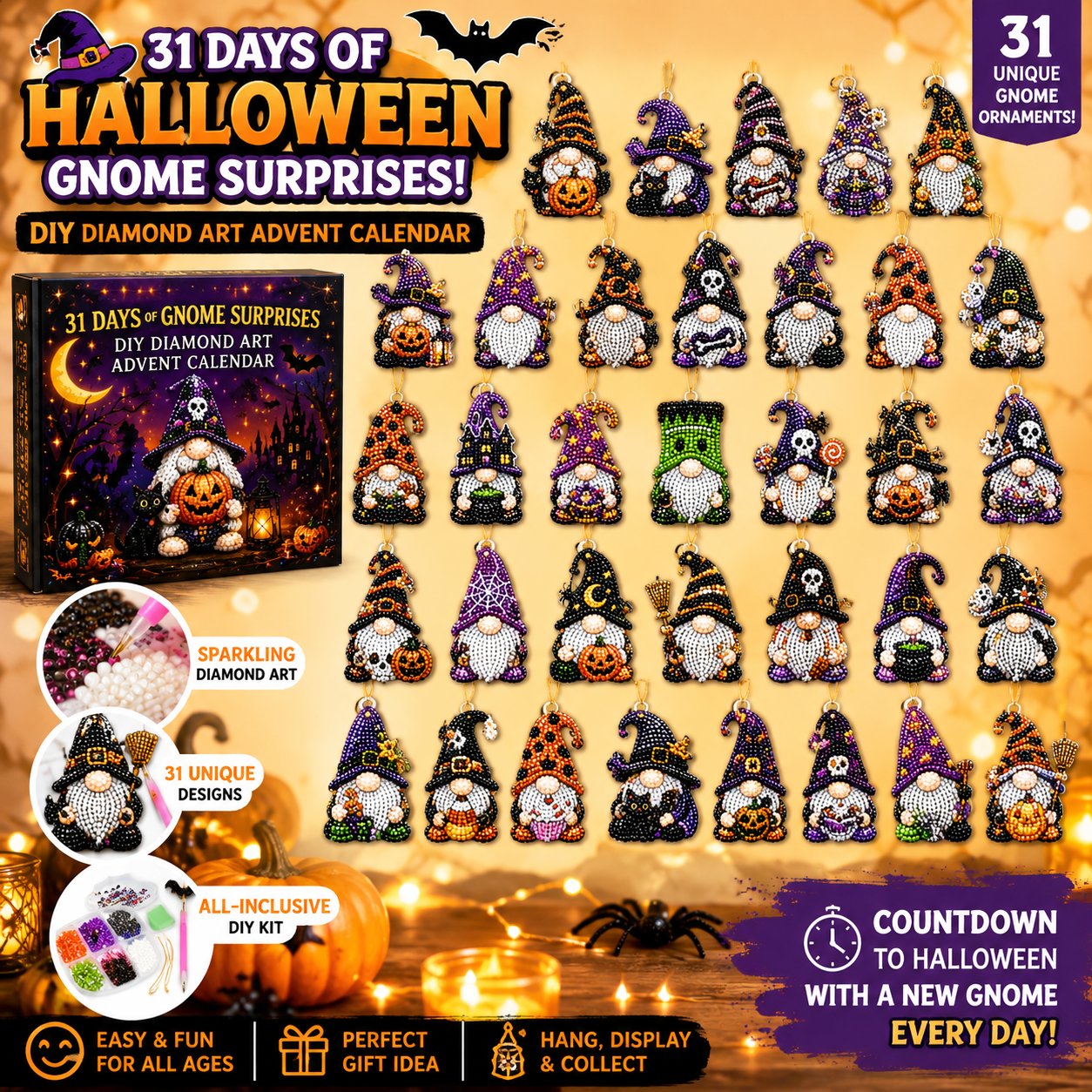 🔥HOT SALE 50% OFF - 🎃✨ 31 Days of Gnome Surprises Halloween Diamond Painting Advent Calendar