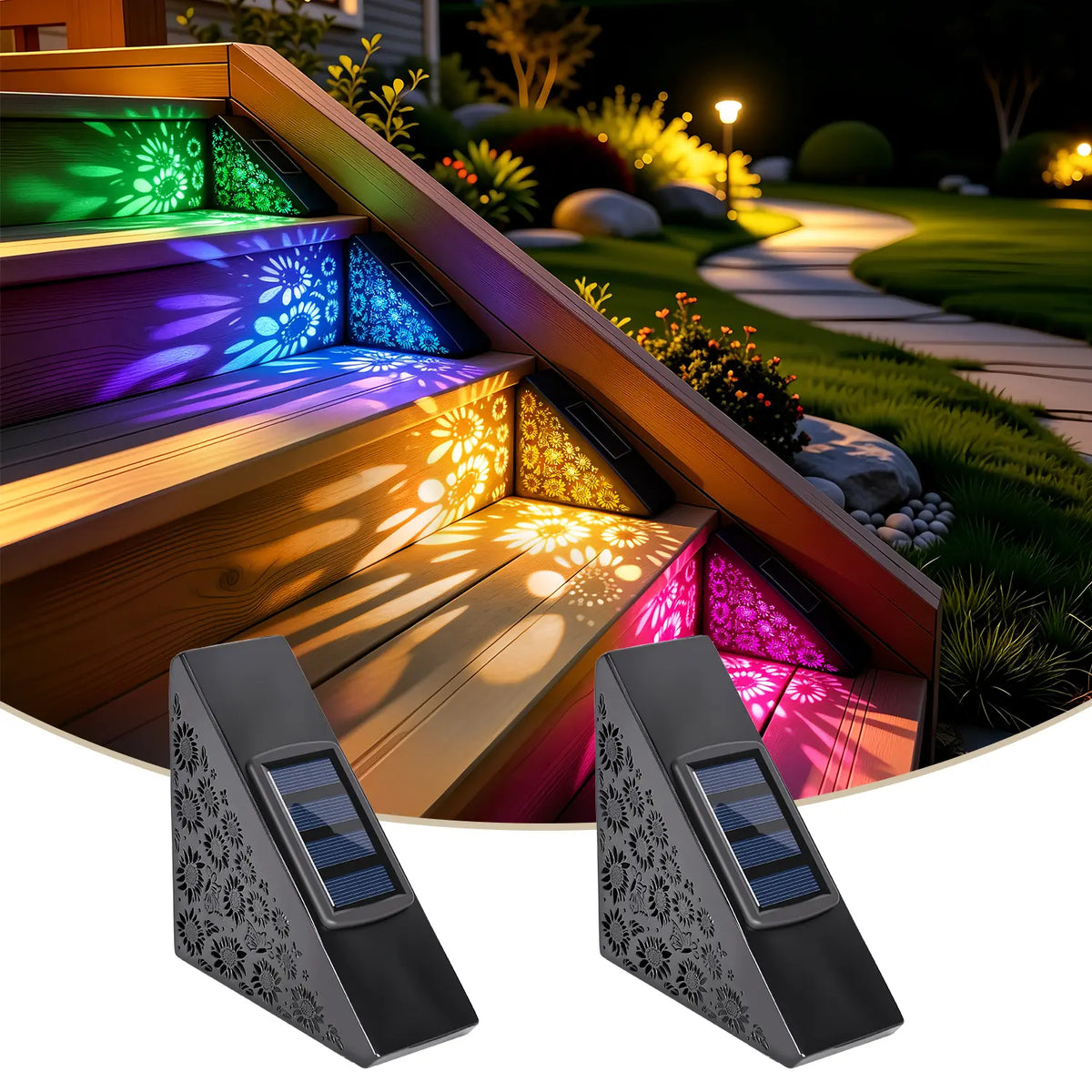 🔥Buy 1 Get 1 Free🔥Solar Step Lights – IP65 Waterproof, Gradient + Warm White Glow, Auto On at Dusk