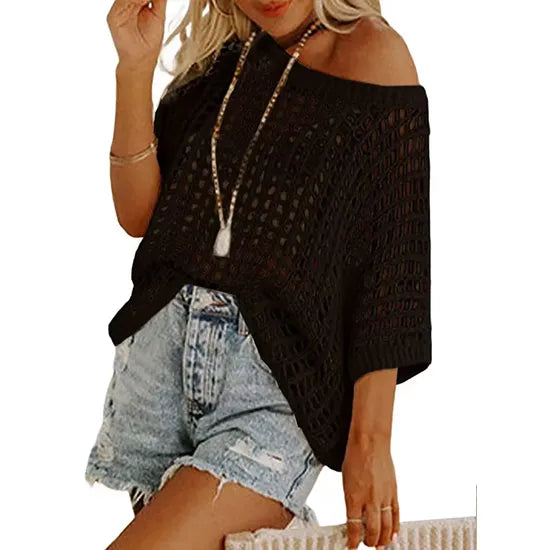 Short Sleeve Crochet Sweater Lightweight Summer Tops Loose Hollow Out Crewneck Pullover