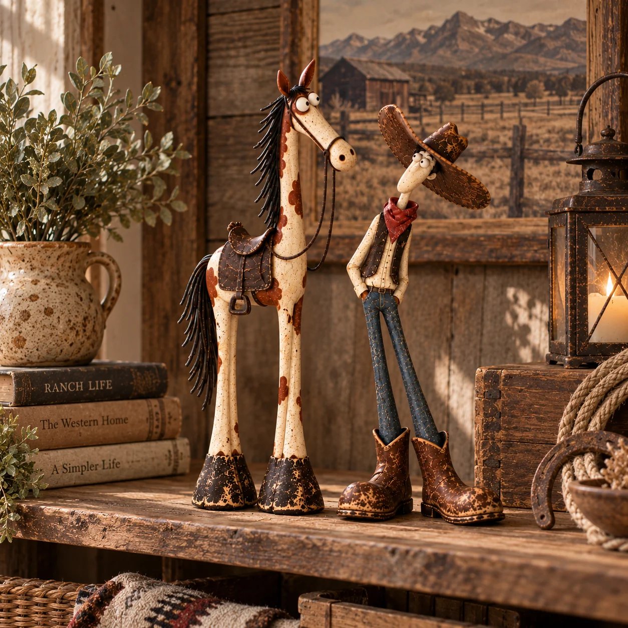 🔥🤠🐴 Whimsical Western Cowboy & Horse Figurine Duo 🌵