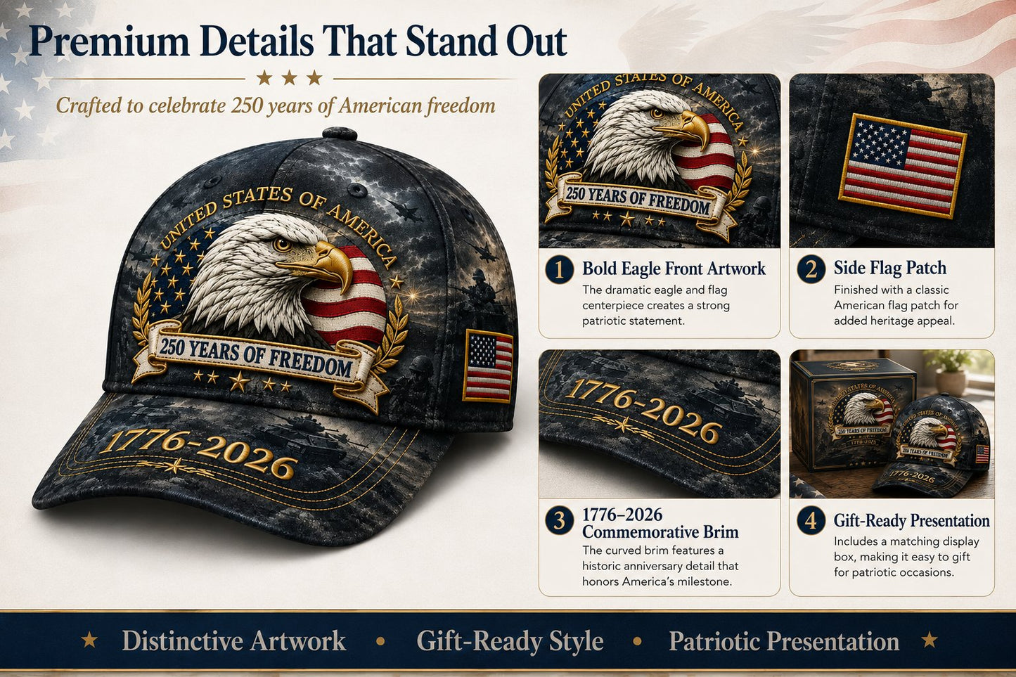 ✨250 Years of Freedom Eagle Cap | Patriotic Vintage Baseball Hat – 1776–2026 American Tribute Edition