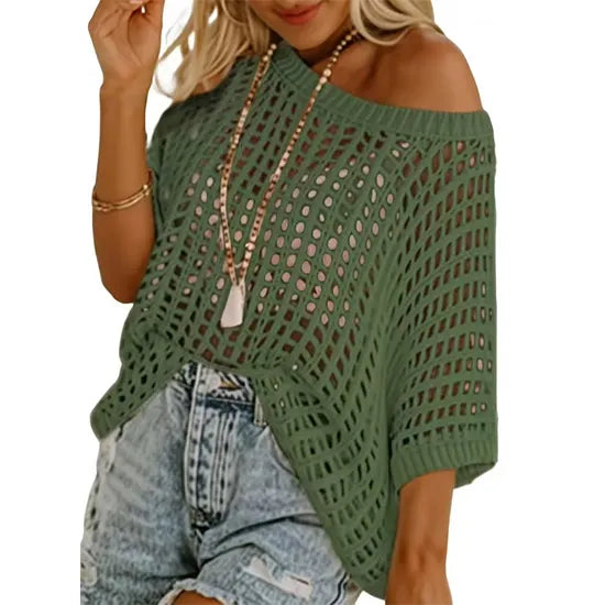 Short Sleeve Crochet Sweater Lightweight Summer Tops Loose Hollow Out Crewneck Pullover