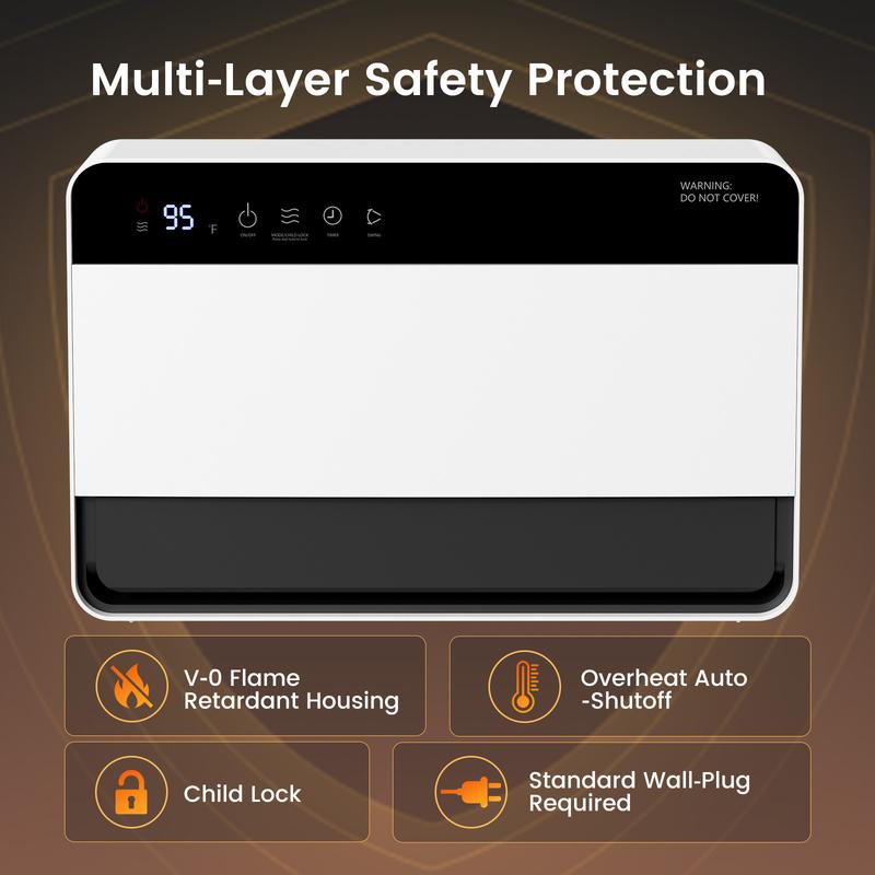 16IN Wall Mounted Space Heater, 1500W Fast Heating Convection Heater with 60° Vertical Swing, Touch & Remote Control, 4 Modes, Overheat Auto-Shutoff, V-0 Flame Retardant Housing, Child Lock for Home Bedroom