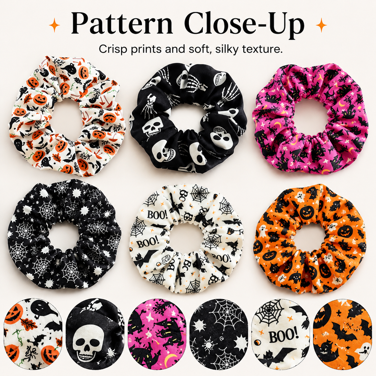 🎃 Hand-Illustrated Halloween Scrunchie Collection (6pc, Limited Batch)