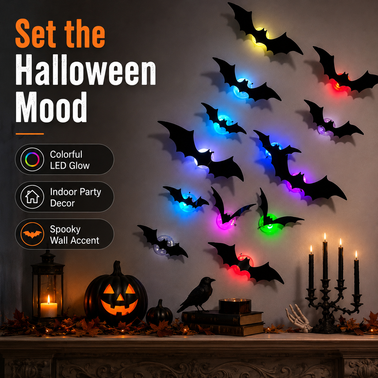 Telaion 3D LED Halloween Bat Wall Decor – Colorful Glowing Flying Bats