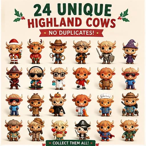 🎄🐮Highland Cow Advent Calendar 2026 – 24-Day Christmas Countdown with Cute Highland Cow Figurines