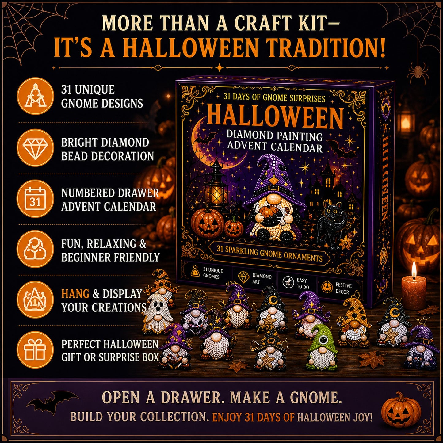 🔥HOT SALE 50% OFF - 🎃✨ 31 Days of Gnome Surprises Halloween Diamond Painting Advent Calendar