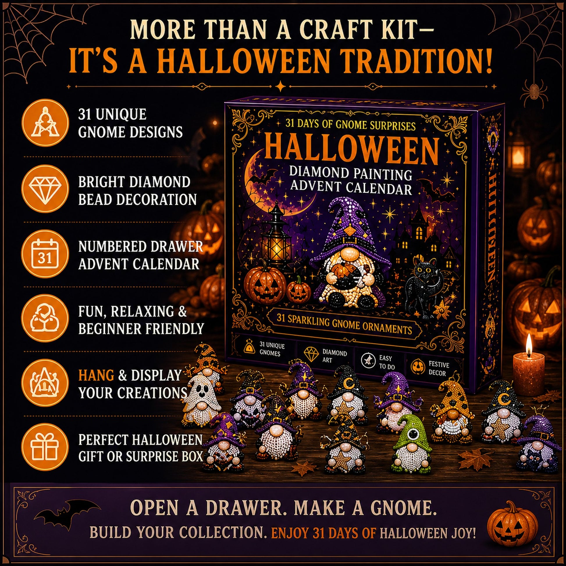 🔥HOT SALE 50% OFF - 🎃✨ 31 Days of Gnome Surprises Halloween Diamond Painting Advent Calendar