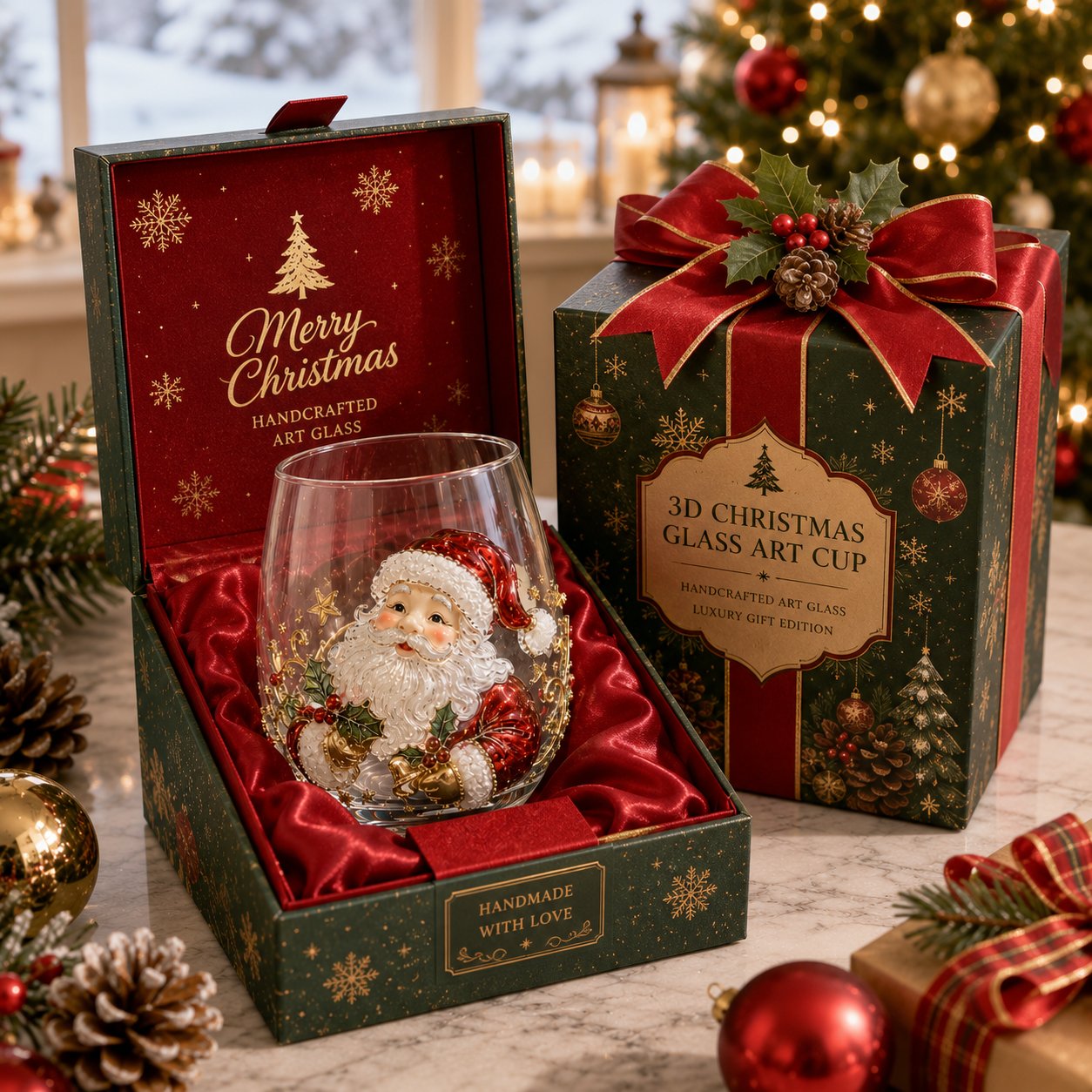 🎄✨ 3D Christmas Glass Art Cup | Luxury Raised Holiday Glassware for Drinks, Decor & Christmas Gifts 🎁