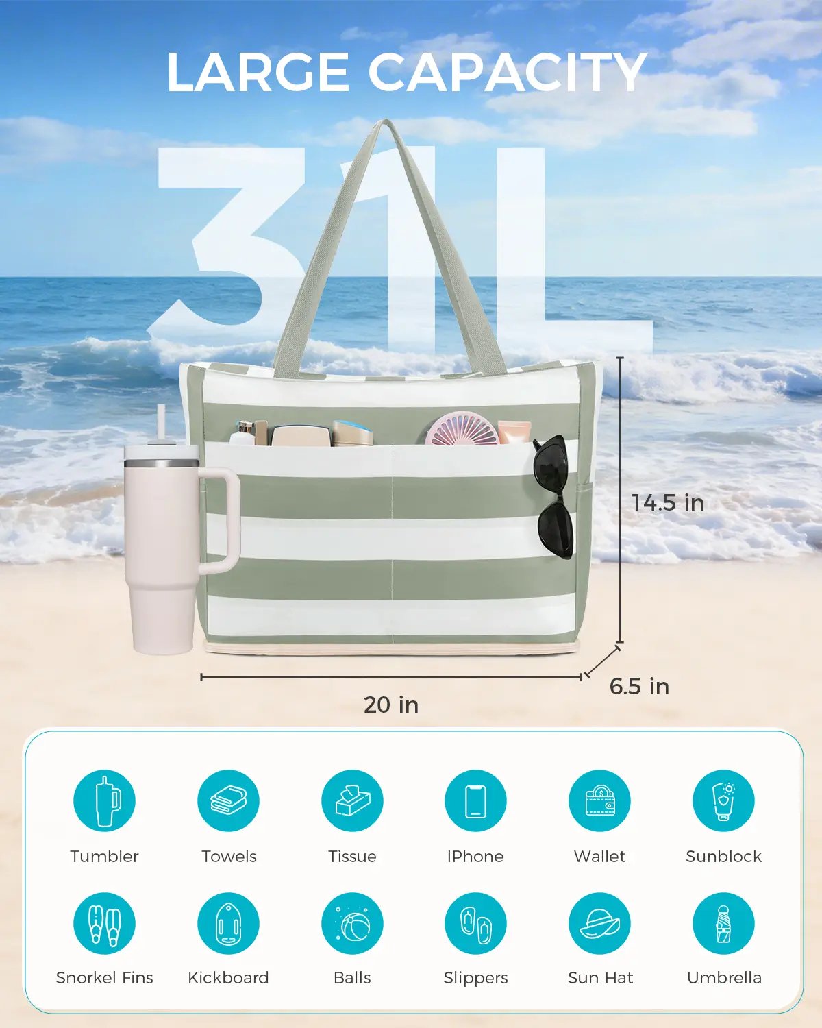 Large Mesh Beach Bag with 40oz Tumbler Pocket and Zipper Closure