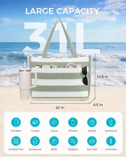 Large Mesh Beach Bag with 40oz Tumbler Pocket and Zipper Closure