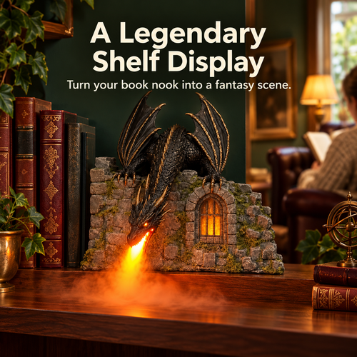 🐉 Dragon Book Nook Mist Maker with LED Light, Fantasy Castle Dragon Statue Decor, Smoke Breathing Dragon Figurine for Shelf Display