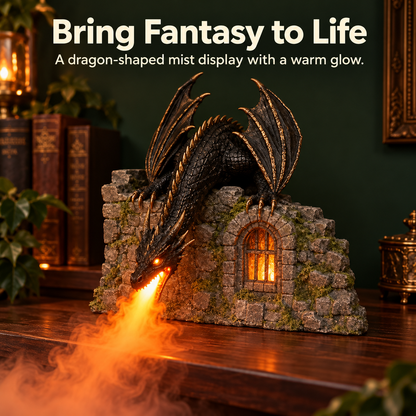 🐉 Dragon Book Nook Mist Maker with LED Light, Fantasy Castle Dragon Statue Decor, Smoke Breathing Dragon Figurine for Shelf Display