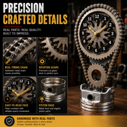 Rotating Timing Chain Gear Clock – Mechanical Piston Desk & Wall Clock