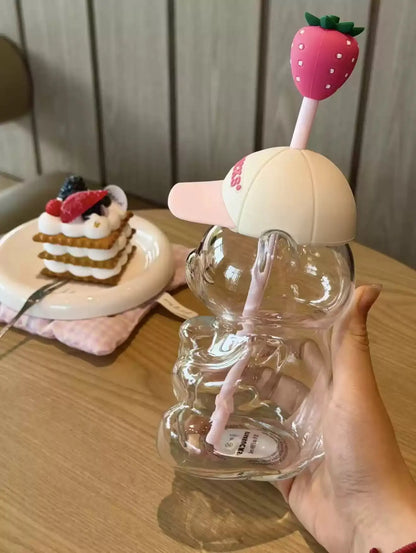Cute Teddy Bear Glass Tumbler with Strawberry Straw – 20oz Reusable Iced Coffee Cup