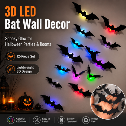 Telaion 3D LED Halloween Bat Wall Decor – Colorful Glowing Flying Bats
