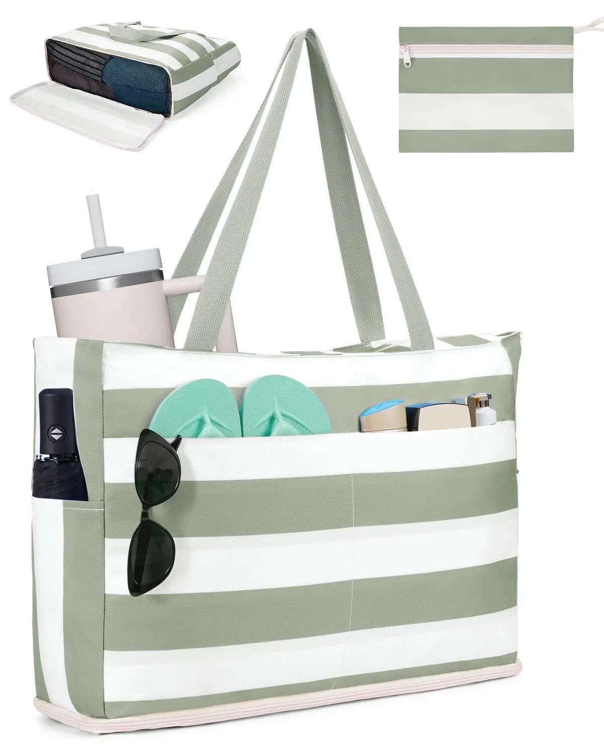 Large Mesh Beach Bag with 40oz Tumbler Pocket and Zipper Closure