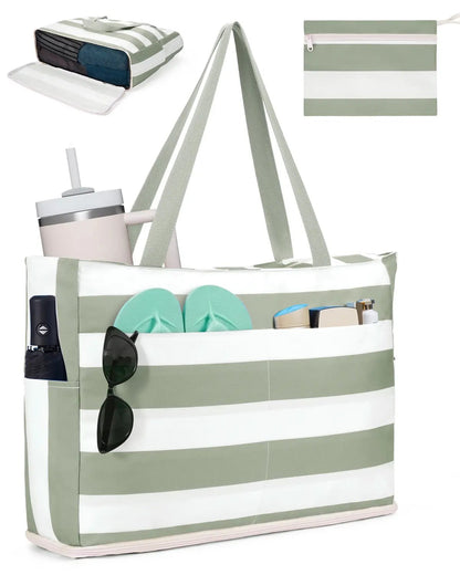 Large Mesh Beach Bag with 40oz Tumbler Pocket and Zipper Closure