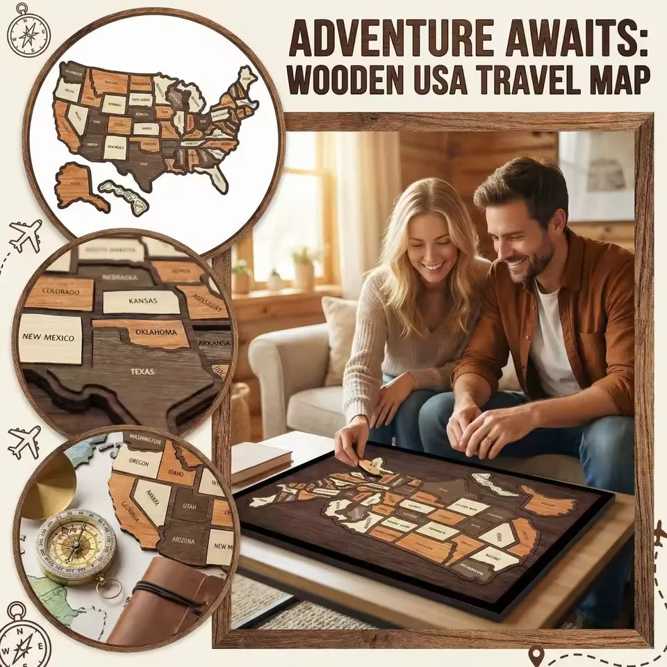🔥Limited 49% off - USA Wooden Travel Map Puzzle for Adventure Lovers
