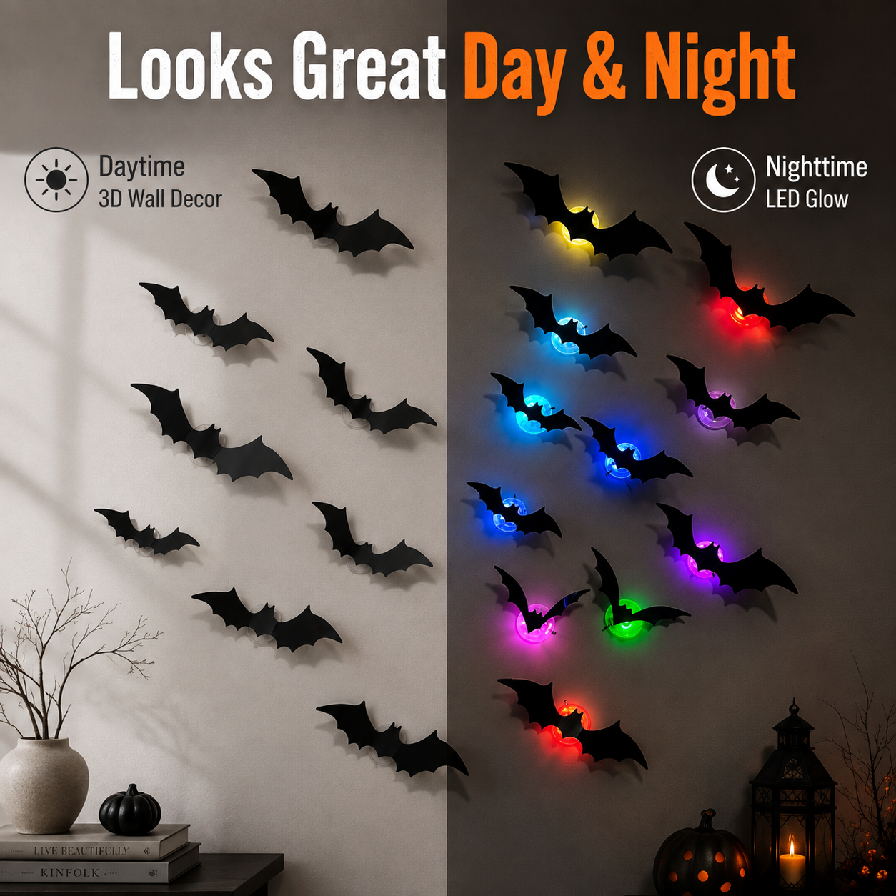 Telaion 3D LED Halloween Bat Wall Decor – Colorful Glowing Flying Bats