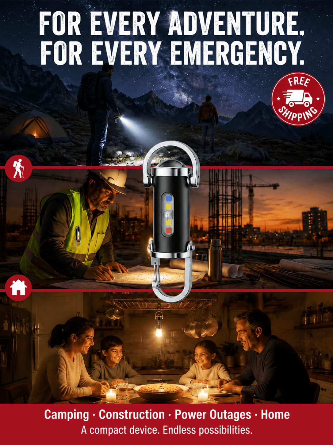 【3-in-1 Multifunction】SOS Emergency Light Flashlight