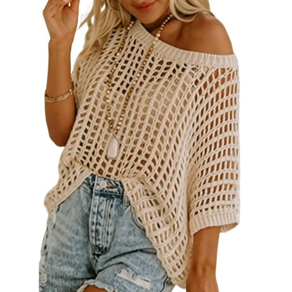 Short Sleeve Crochet Sweater Lightweight Summer Tops Loose Hollow Out Crewneck Pullover