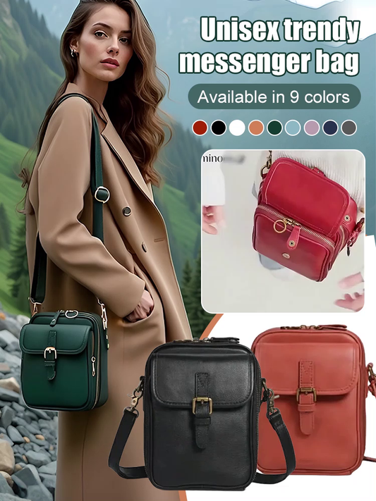 Unisex Trendy Messenger Bag, 100% Italian Leather, handcrafted vintage style. Double-layer space for essentials. Order now for 50% OFF limited deal.