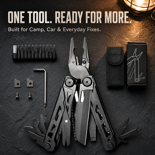 🚀16-in-1 Multitool with Large Scissors | Compact Outdoor Tool for Camping & Repairs