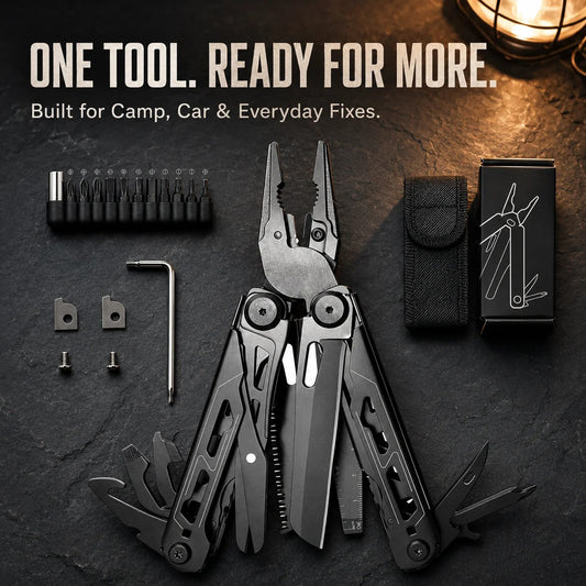 🚀16-in-1 Multitool with Large Scissors | Compact Outdoor Tool for Camping & Repairs