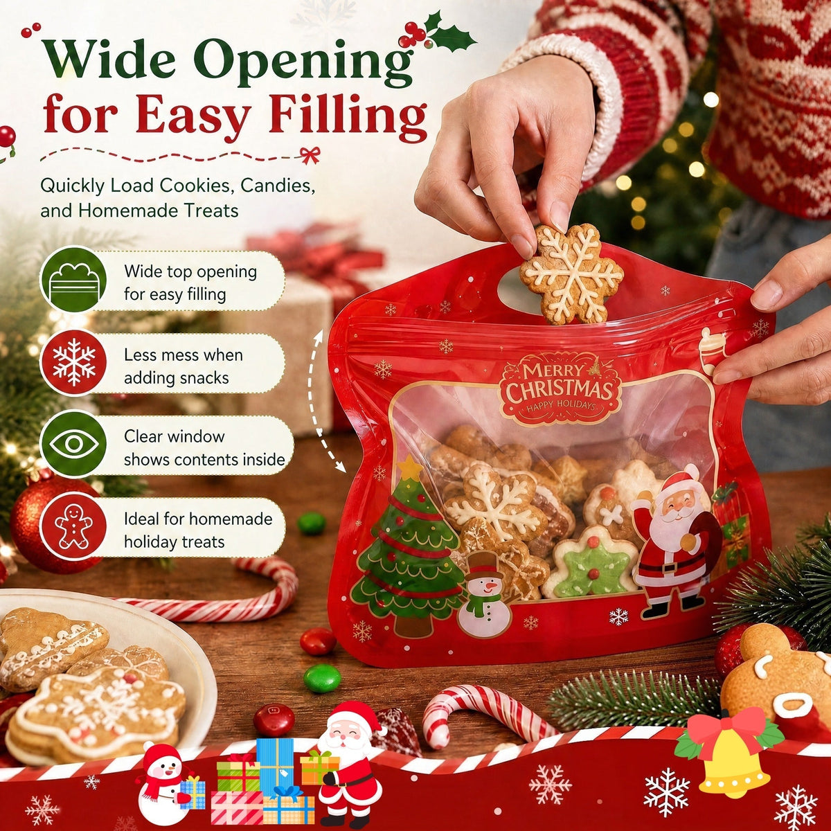 🎁Easy Fill, Easy Seal🎄 Festive Self-Seal Treat Bags – Santa & Snowman Print | Resealable, Food-Safe & Perfect for Cookies, Chocolates & Little Gifts⛄