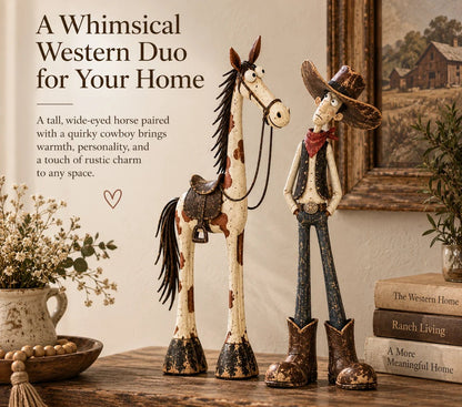 🔥🤠🐴 Whimsical Western Cowboy & Horse Figurine Duo 🌵
