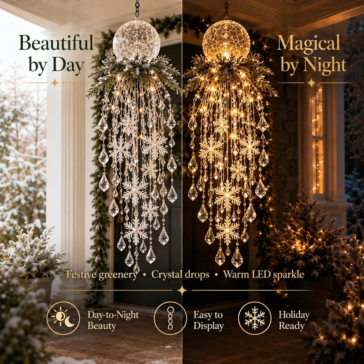 Crystal Cascade Christmas Light – Hanging Snowflake & Crystal LED Porch Décor ✨❄️