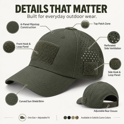 Tactical Baseball Cap with Patch — Breathable Ripstop Hat, Adjustable Fit, Hook & Loop Panels.