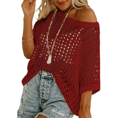 Short Sleeve Crochet Sweater Lightweight Summer Tops Loose Hollow Out Crewneck Pullover
