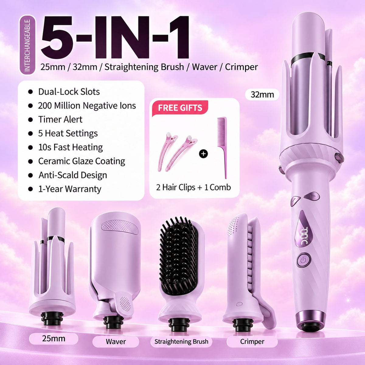 🎀 5-in-1 Hair Styler for Curls, Waves & More