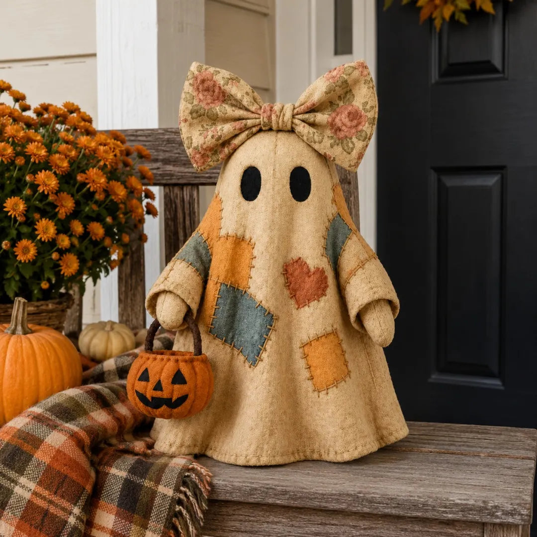 👻 25.6" Lighted Vintage Patchwork Ghost – Cozy Halloween & Fall Home Decor