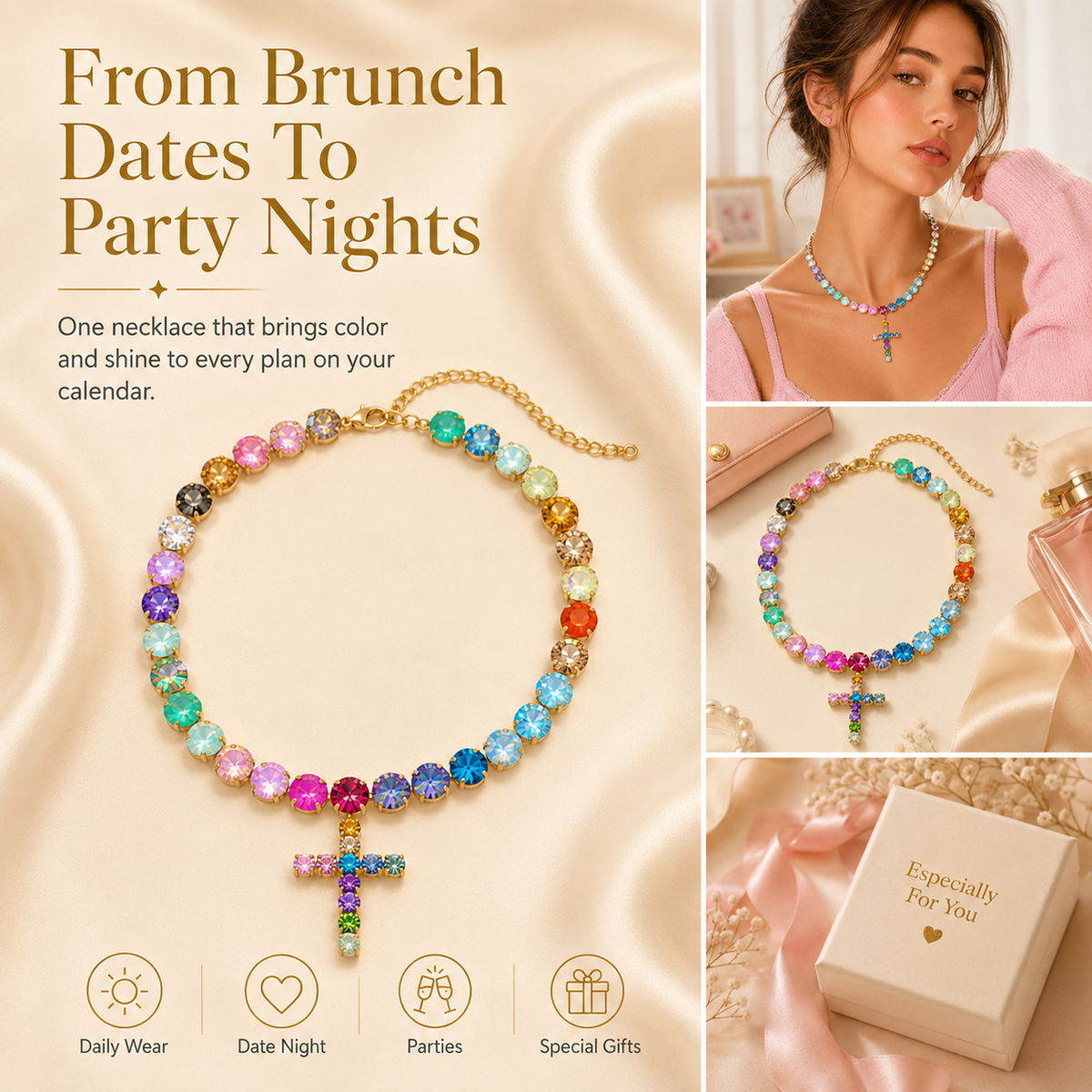 Colorful Crystal Cross Necklace – Sparkling Adjustable Statement Jewelry