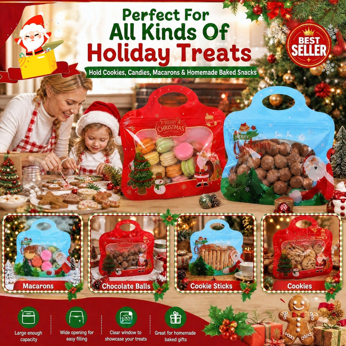 🎁Easy Fill, Easy Seal🎄 Festive Self-Seal Treat Bags – Santa & Snowman Print | Resealable, Food-Safe & Perfect for Cookies, Chocolates & Little Gifts⛄
