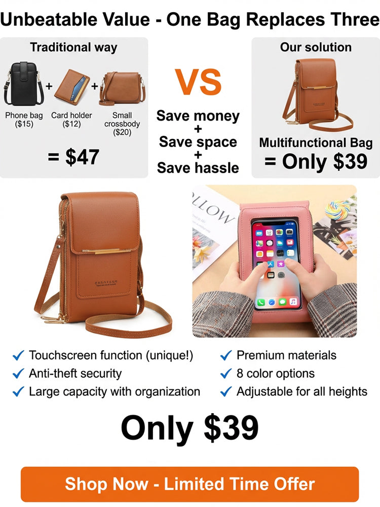 【Multi-Functional Touchscreen Zipper Pouch】Smart Touch Crossbody: 1S access to phone, No more dropped screens!