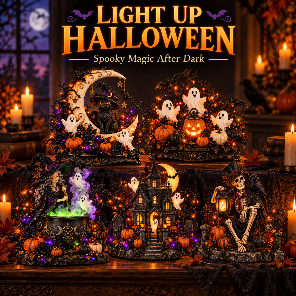 🎃 Light-Up Halloween Tabletop Decorations 👻 Spooky Ghost, Witch, Black Cat & Haunted House Collection ✨
