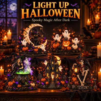 🎃 Light-Up Halloween Tabletop Decorations 👻 Spooky Ghost, Witch, Black Cat & Haunted House Collection ✨