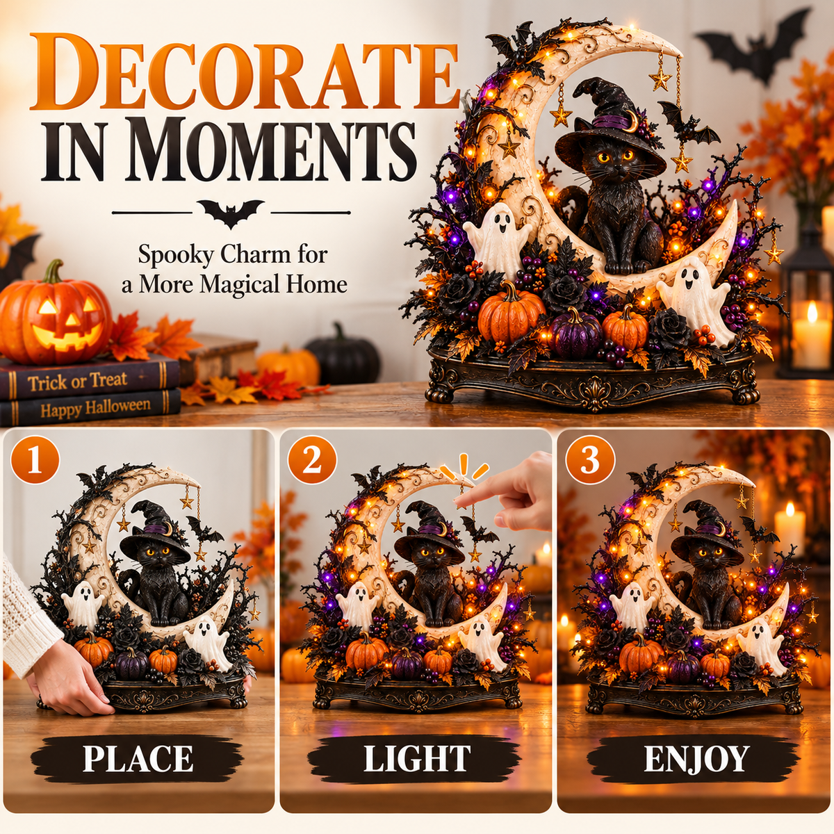 🎃 Light-Up Halloween Tabletop Decorations 👻 Spooky Ghost, Witch, Black Cat & Haunted House Collection ✨