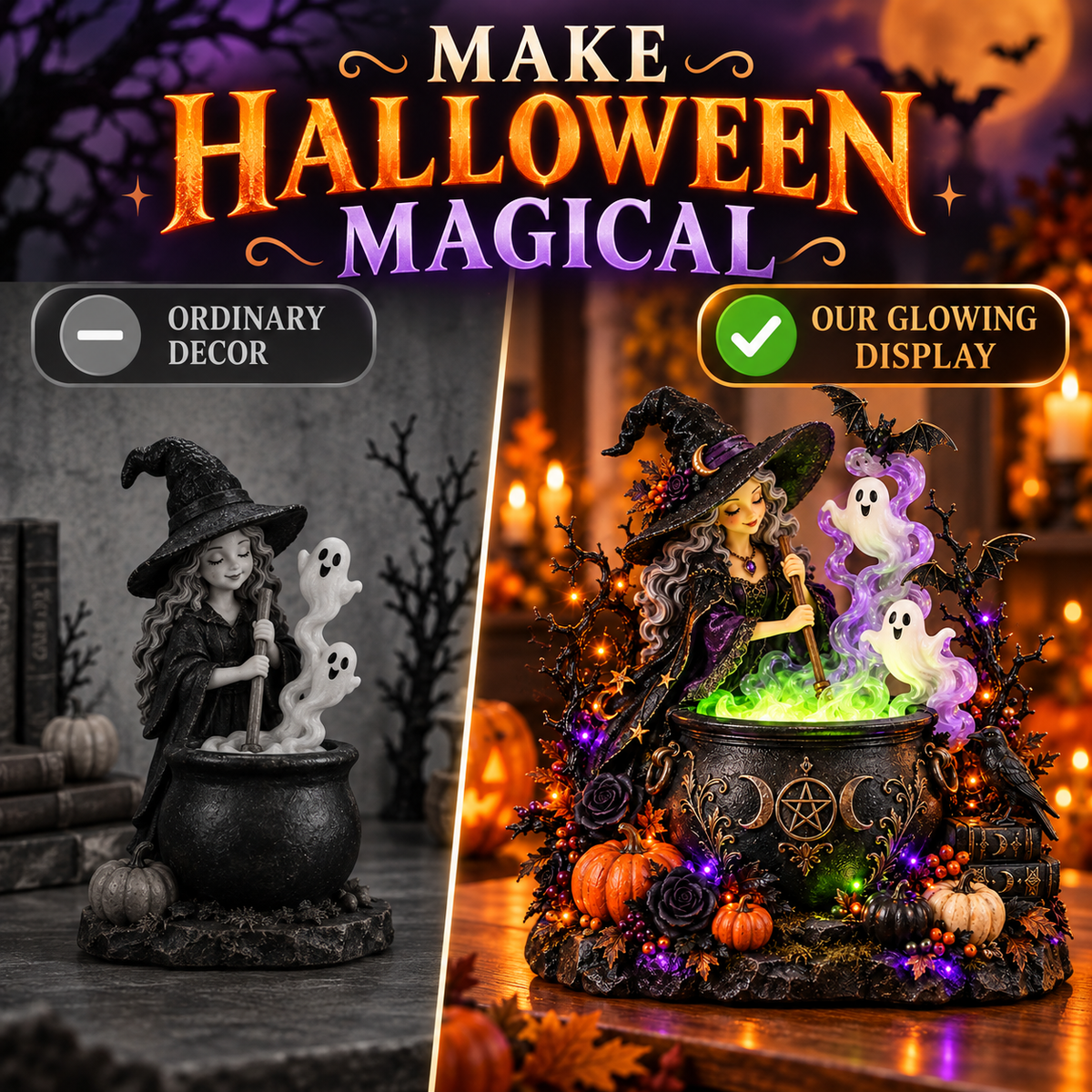 🎃 Light-Up Halloween Tabletop Decorations 👻 Spooky Ghost, Witch, Black Cat & Haunted House Collection ✨