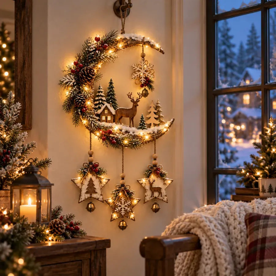 🌙🦌Lighted Rustic Christmas Crescent Moon Wall Decor