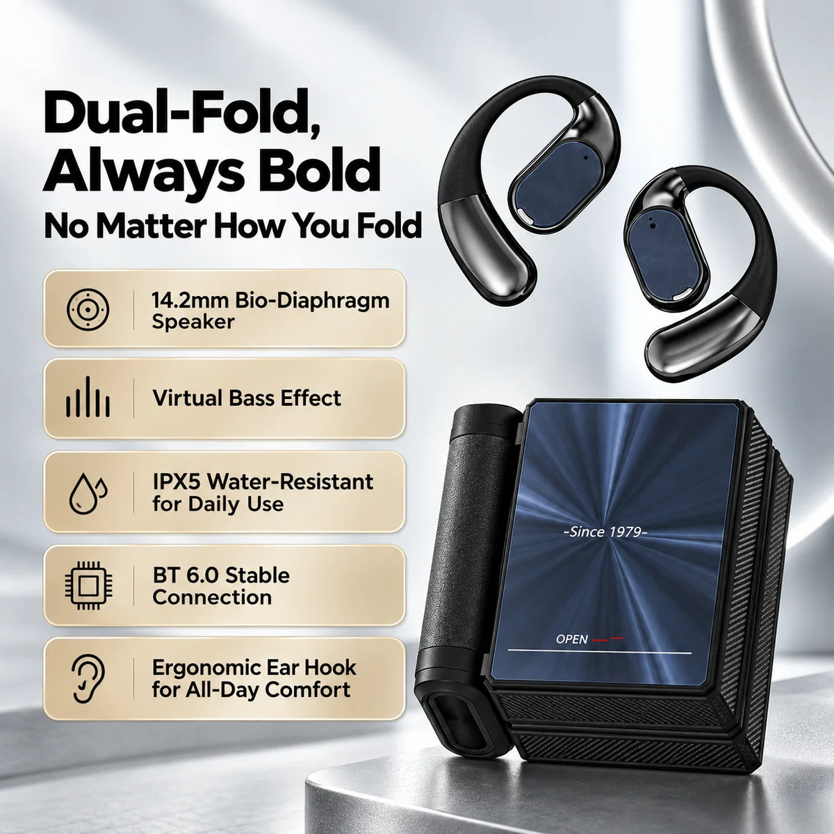 Dual-Folding Bluetooth Headphones - Waterproof, Stable Connection & Portable Design