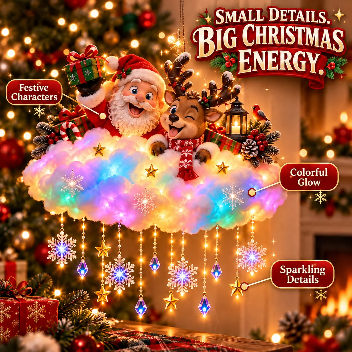 ✨ Santa & Reindeer Light-Up Christmas Cloud – A Holiday Story for Your Wall