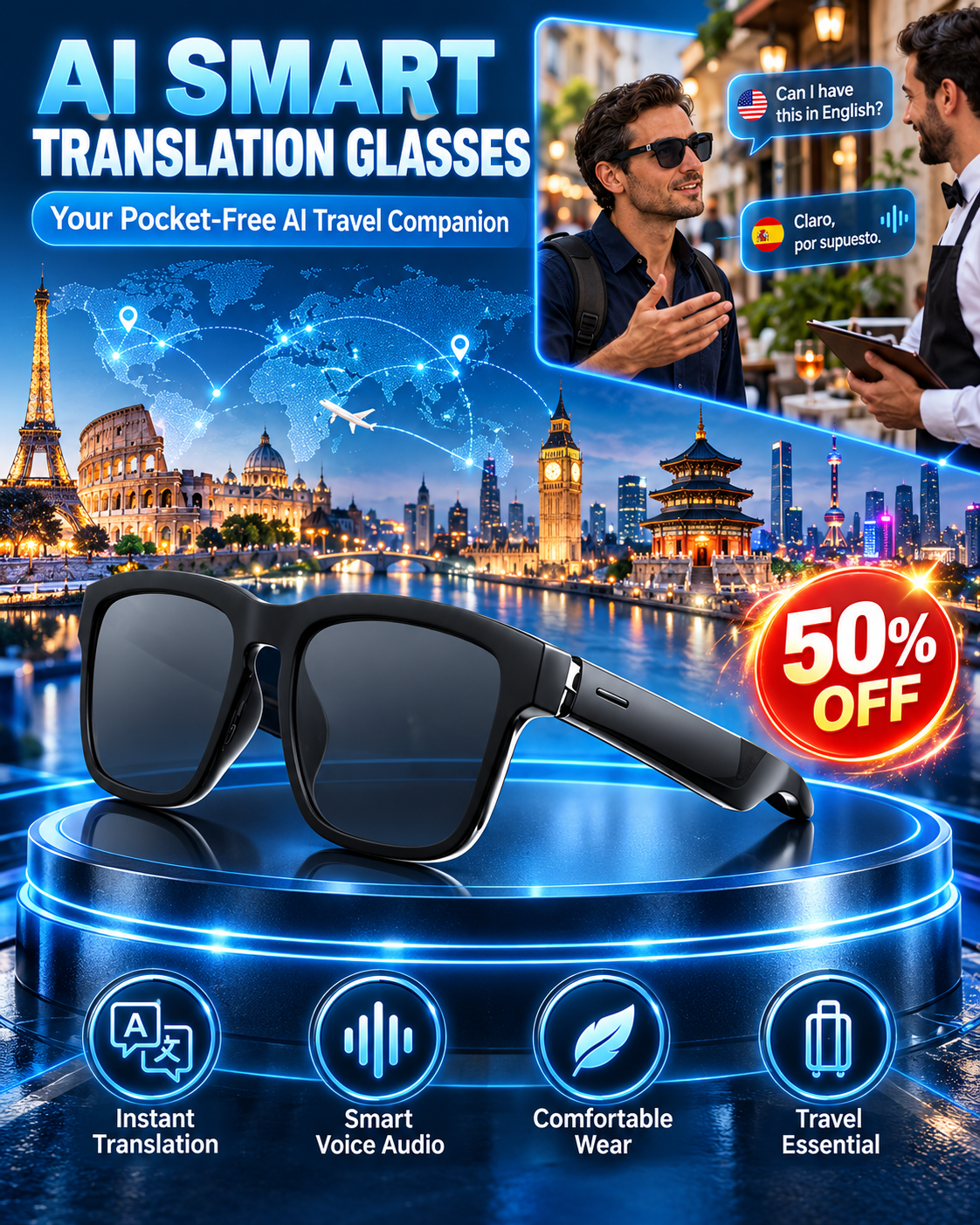 ⏰👓AI Smart Glasses: 100% Offline Translation Zoom & Explore Smarter.